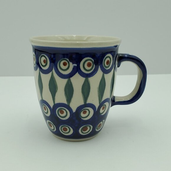 Polish Pottery Peacock Leaves Mug Peacock Blue Circles Green Stripes Mug - Picture 1 of 7